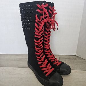 Black and Red Lace-Up Knee-High Boots